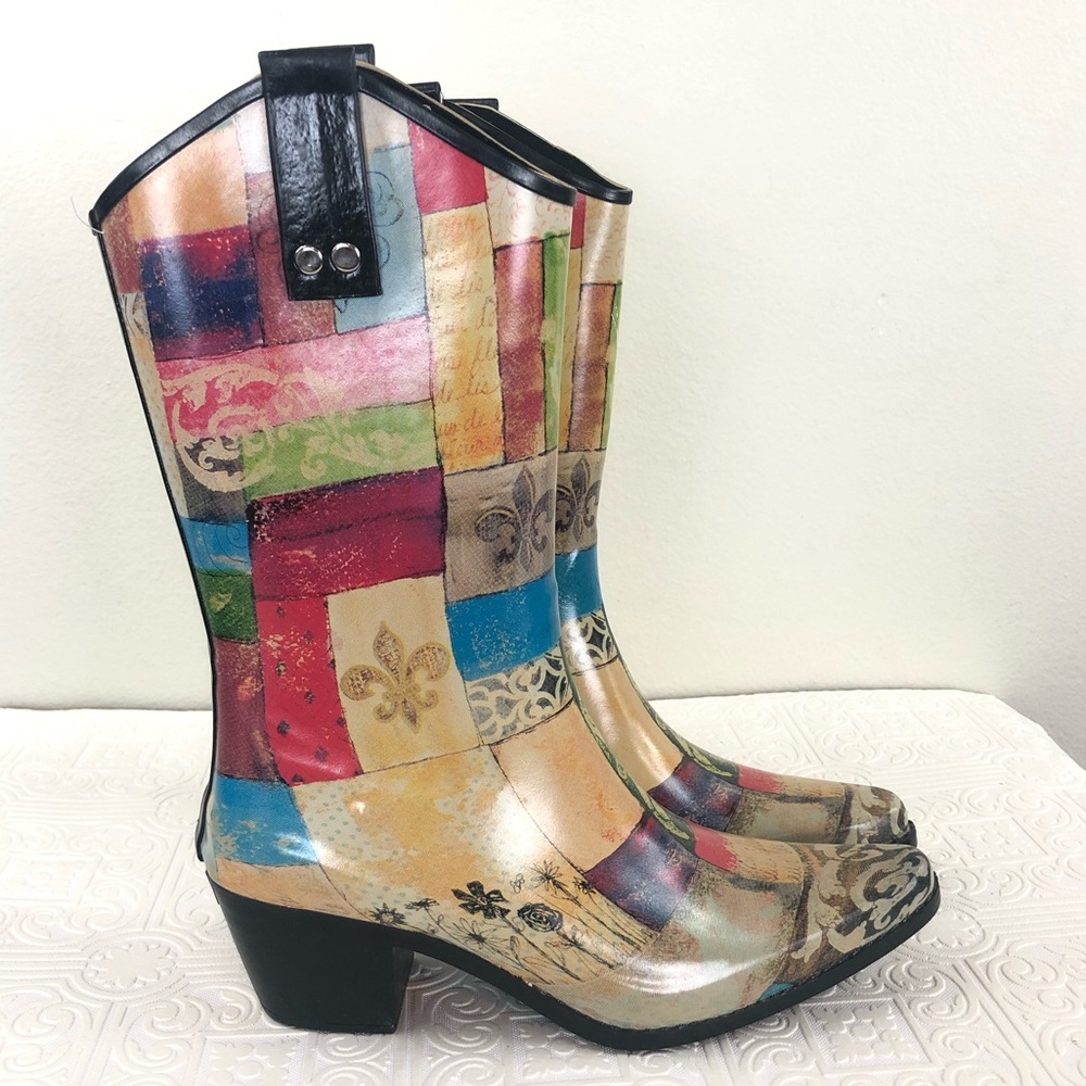 Bops Rain Boots Heeled Patchwork Boho Funky Eclectic Colorful Cottagecore Fleur